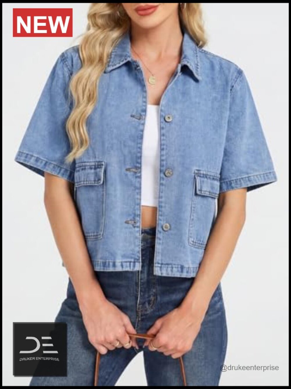 Crop Denim Jacket Short Sleeve Boxy Fit Collared Jean Top with Pockets - Picture 3 of 6